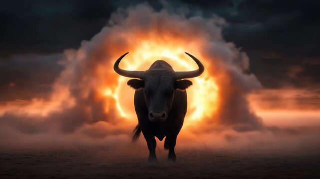 Black bull runs toward fire explosion and smoke.
