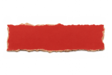 Ragged-edged red cardboard fragment offering clean copy space against transparent backdrop, highlighting textural graphic design element