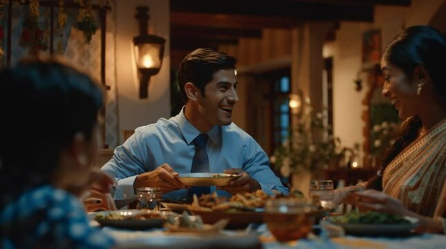 hyper realistic 4k A young Indian man, around 28 years old, arriving home from his office in the evening and having dinner with his wife and child. He is dressed in formal or semi-formal office attire
