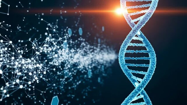 A 3d rendering of a dna helix and molecular network against a dark background, symbolizing genetic research and advancements in biotechnology - Powered by Adobe