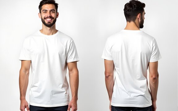 A man is wearing a plain blank white t-shirt with half sleeves, both on the front and back sides mockup. High quality