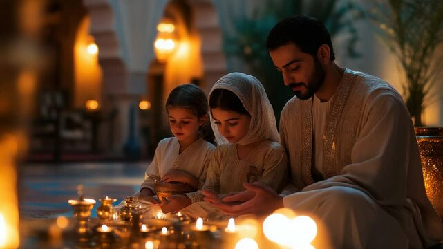 Father and Daughters in Candlelit Moroccan Riad: A Serene Family Moment