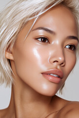 Close-up portrait of an Asian woman with platinum blonde hair and natural makeup