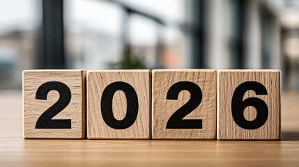 Wooden blocks with the number 2026 arranged in a row, representing the upcoming new year with a modern business background