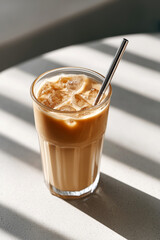 Glass of iced coffee with metal straw on a bright table