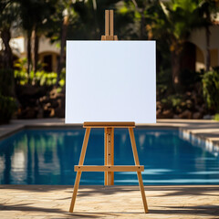 Blank white canvas on a wooden easel placed outdoors by a swimming pool, ready for painting or design presentation in a creative and tropical setting