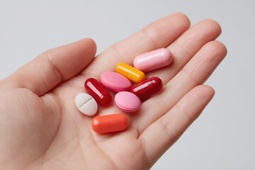 Assorted multicolored pills and supplements resting on a person's palm, symbolizing medication, nutrition support, and daily healthcare essentials