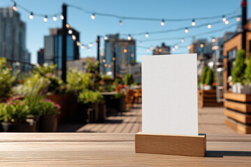 Vertical blank menu card mock-up standing on a rustic wooden table in an outdoor cafe with blurred city lights and greenery in the background, perfect for restaurant branding or menu design showcases