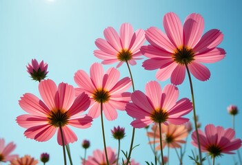 Vibrant pink cosmos flowers blooming under clear blue sky on sunny day with backlight