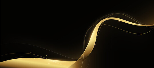 Abstract Golden Glow Curve Lines on Black Background with Luxury Light Effect