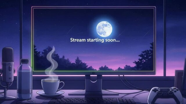 Stream Starting Soon: Cozy Night Scene. Stream starting soon screen, overlay loop, animated virtual backgrounds, vtuber asset twitch zoom OBS. - Powered by Adobe