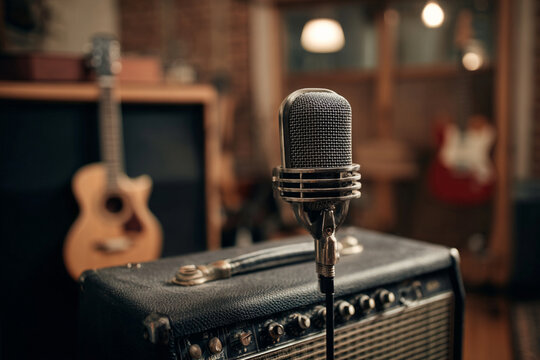 Vintage microphone set up in a cozy music studio with guitars and amplifier