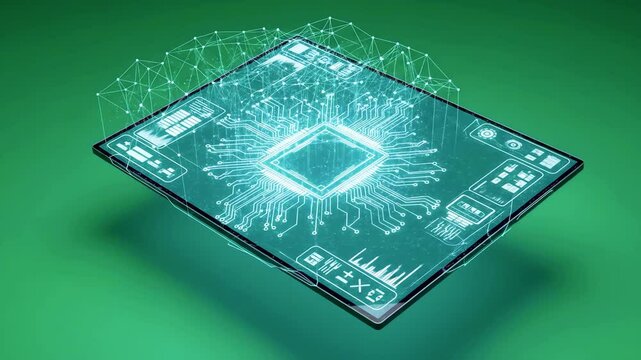 Futuristic digital interface displaying a microchip with data visualization on a green background