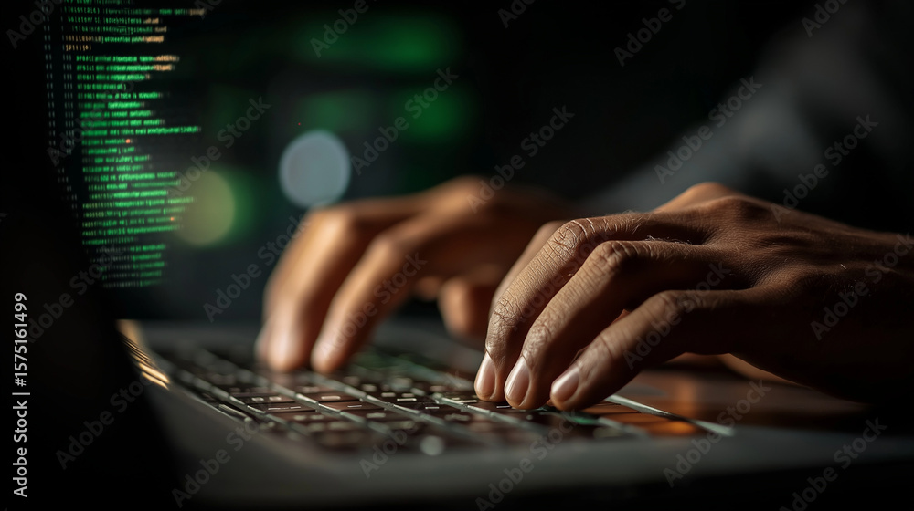 Aufkleber hands-on code: a close-up shot of a person's hands, intensely typing on a laptop in a dimly lit envi