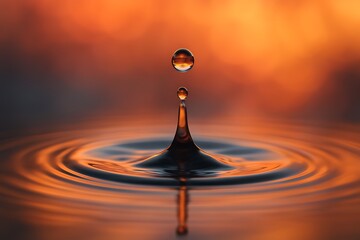 A water drop splashes into a calm body of water, creating ripples, set against a warm sunset.