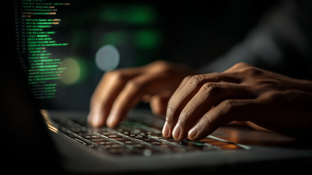 Hands-on Code: A close-up shot of a person's hands, intensely typing on a laptop in a dimly lit environment, reflecting the dedication and skill required in the world of coding and technology.