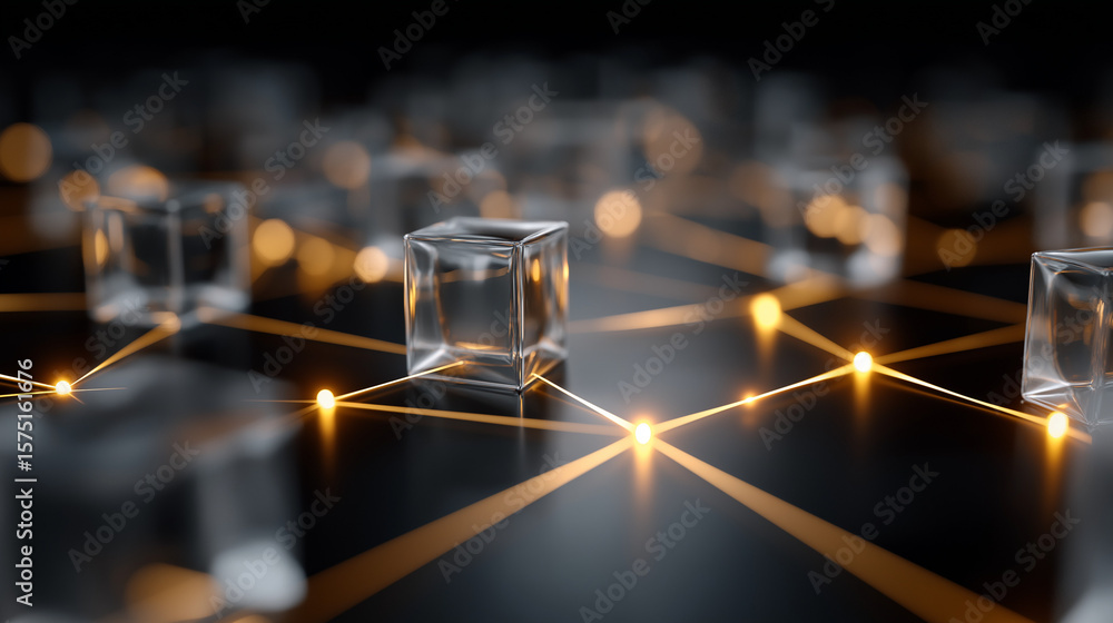 Poster network of glass cubes: an abstract image of interconnected glass cubes, symbolizing data, network c