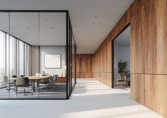 Modern office interior with glass partitions and wood paneling. Sunlight streams in