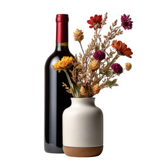 A red wine bottle paired with a vase of colorful flowers creates an elegant still life, isolated on transparent background