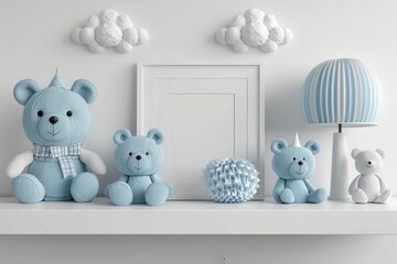 Cozy Nursery Shelf with Blue Teddy Bears, Decorative Lamps, and Cloud Accents in Soft Pastel Tones