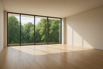 Fototapeta premium Sunlit empty room featuring large windows looking out on lush trees and warm wood flooring.