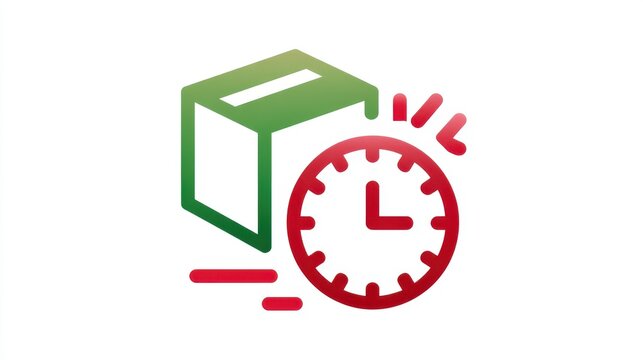 of a green box or package icon with a red clock symbol representing the concept of timely delivery and logistics services