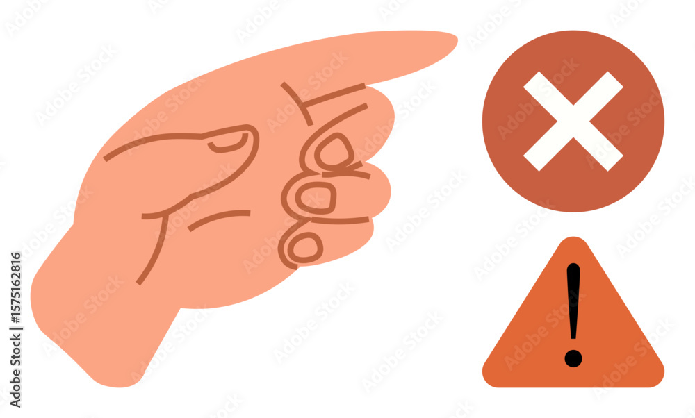 Poster outstretched hand points toward a red x and warning triangle with exclamation mark. ideal for cautio