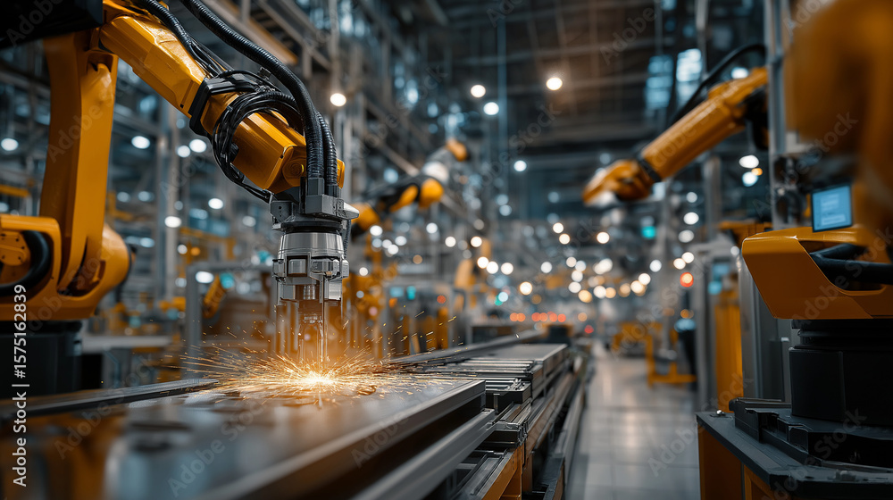 Poster automated assembly line in industry: modern industrial robots meticulously perform tasks on an assem