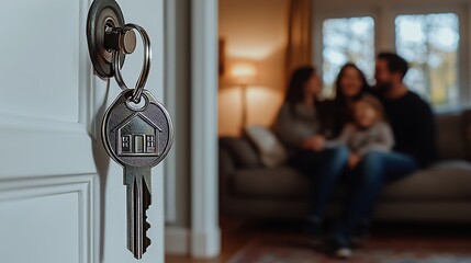 A key with a house keychain hanging, in the background a happy couple and daughter on the sofa