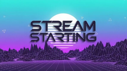 Stream Starting: Synthwave Landscape for Live Broadcast. Stream starting soon screen, overlay loop, animated virtual backgrounds, vtuber asset twitch zoom OBS. - Powered by Adobe
