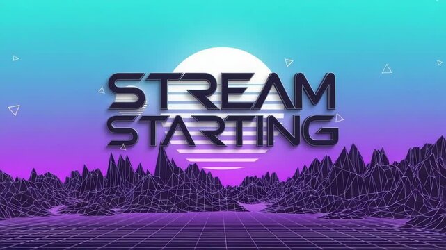 Stream Starting: Synthwave Landscape for Live Broadcast. Stream starting soon screen, overlay loop, animated virtual backgrounds, vtuber asset twitch zoom OBS. - Powered by Adobe