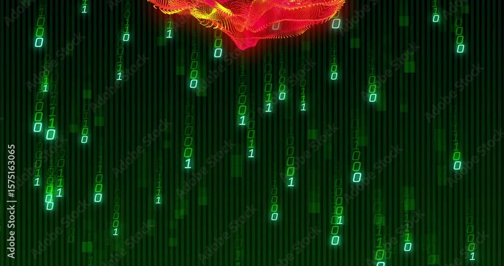 Aufkleber green binary streams cascading sparking red-yellow waveform pulsating, rotating and displaying data