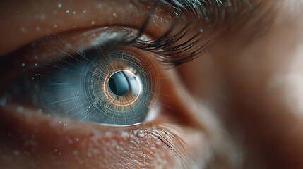 Human Eye with High-tech: A close-up look at the human eye, overlaid with futuristic technological elements, offering a blend of human and machine, innovation and nature.