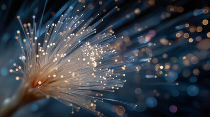 Naklejka premium Illuminating Fiber Optics: Detailed macro shot of a bundle of fiber optic cables, with light strands emitting a soft glow, representing modern technological advancement.