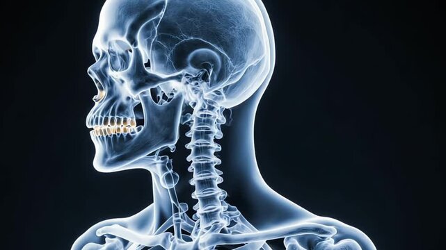 X-ray of human skull and neck bones with highlighted teeth anatomy
