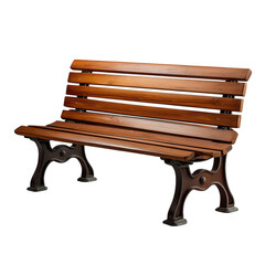 An empty wooden park bench with cast iron legs and a straight back, isolated on transparent background