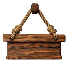 A blank wooden sign with a rope hanger, isolated on transparent background, offering a rustic and natural aesthetic for custom messages