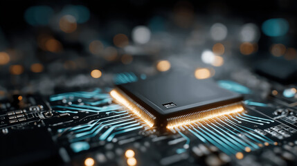 Innovation's Core: An intricately detailed computer chip illuminated by a radiant glow, showcasing the cutting-edge technology and the essence of the digital realm. 