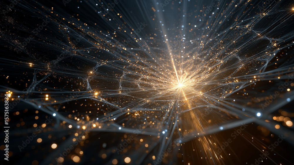Poster cosmic connections: a mesmerizing display of interconnected points, emitting a radiant glow against 