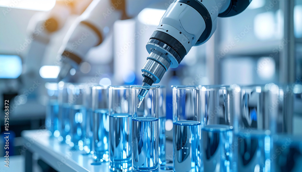 Poster robotics innovation: a close-up view reveals advanced robotic arms precisely filling rows of transpa