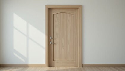 Simple wooden interior door closed against plain white wall with light shadows