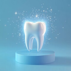 3D render of a tooth with a glowing aura on a blue background
