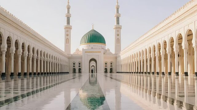 Masjid an Nabawi mosque with green dome and white colonnade in Medina