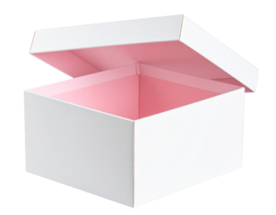 Close-Up Front View of Open Paper Box with Pastel Pink Interior Trim, Transparent Background