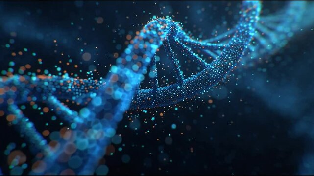 A digital rendering of a glowing blue DNA double helix structure surrounded by particles on a dark background.
