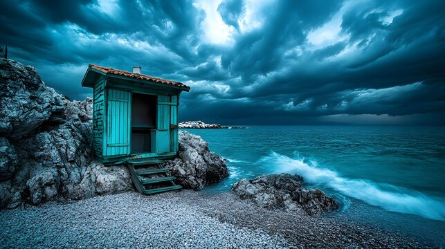 Dramatic Seascape with Old Turquoise Beach Hut under Stormy Sky