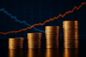 Golden coin stacks rising with financial chart coins