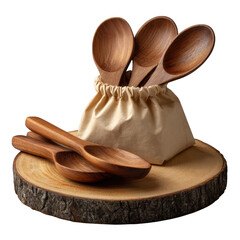 A group of handcrafted wooden spoons are arranged inside a burlap sack and on a round wooden slice, isolated on transparent background