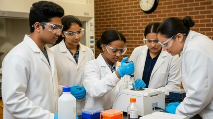 A diverse team of scientists in lab coats and safety goggles collaborate in a laboratory setting, conducting research and experiments - Powered by Adobe