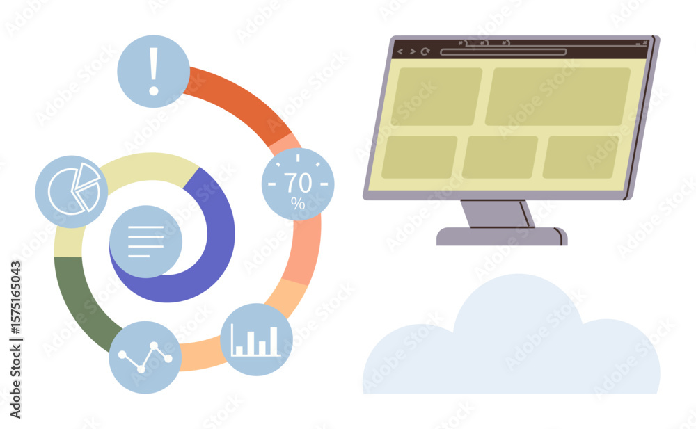 Poster circular chart with percentage, charts, and analytics elements. screen showing data dashboard. ideal